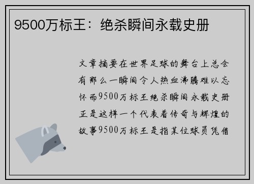 9500万标王：绝杀瞬间永载史册