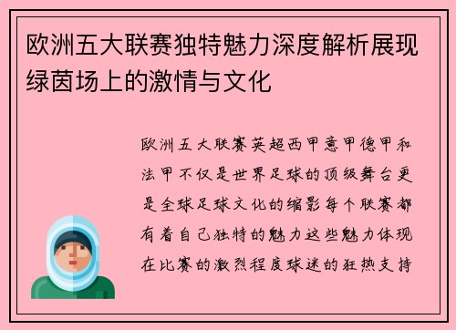 欧洲五大联赛独特魅力深度解析展现绿茵场上的激情与文化