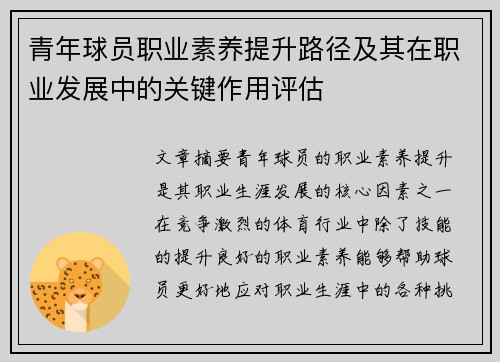 青年球员职业素养提升路径及其在职业发展中的关键作用评估